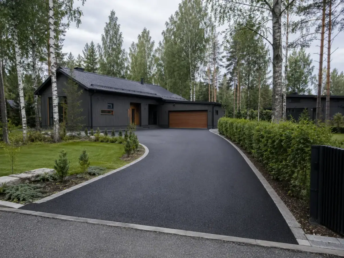 Valmis asfaltoitu omakotitalon piha vihreän nurmikon vierellä